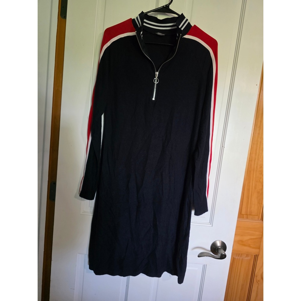 Venus Navy Blue Varsity Stripe Quarter Zip Long Sleeve Knit Dress Medium